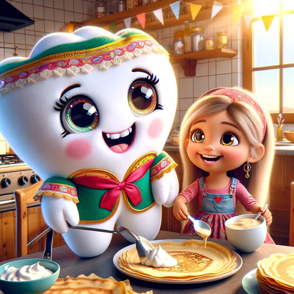 ENEA CREPE Fête de la Chandeleur - La peluche Chico nommée Enéa qui vient du Pays Basque apprend à une petite fille à préparer des crêpes avec des oeufs, du lait, de la farine pour les Chicos de France