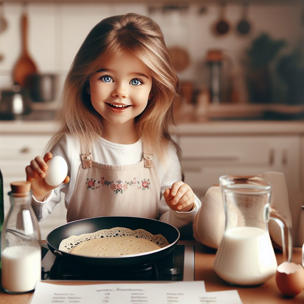 Léa_Crepes Fête de la Chandeleur - Une petite fille prépare des crêpes avec des oeufs, du lait, de la farine pour les Chicos de France